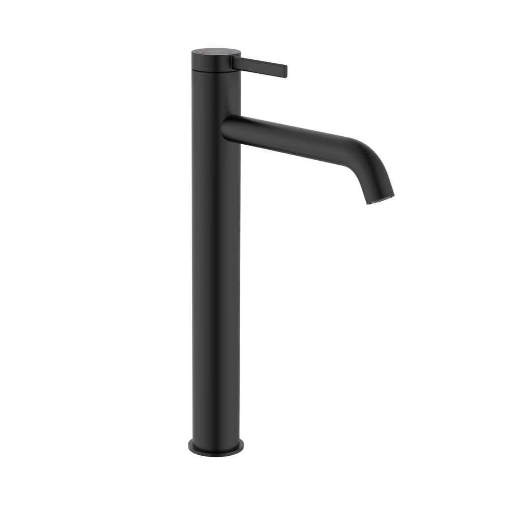 Cut out image of the Roca Ona Matt Black Tall Basin Mixer Tap with Click-Clack Waste